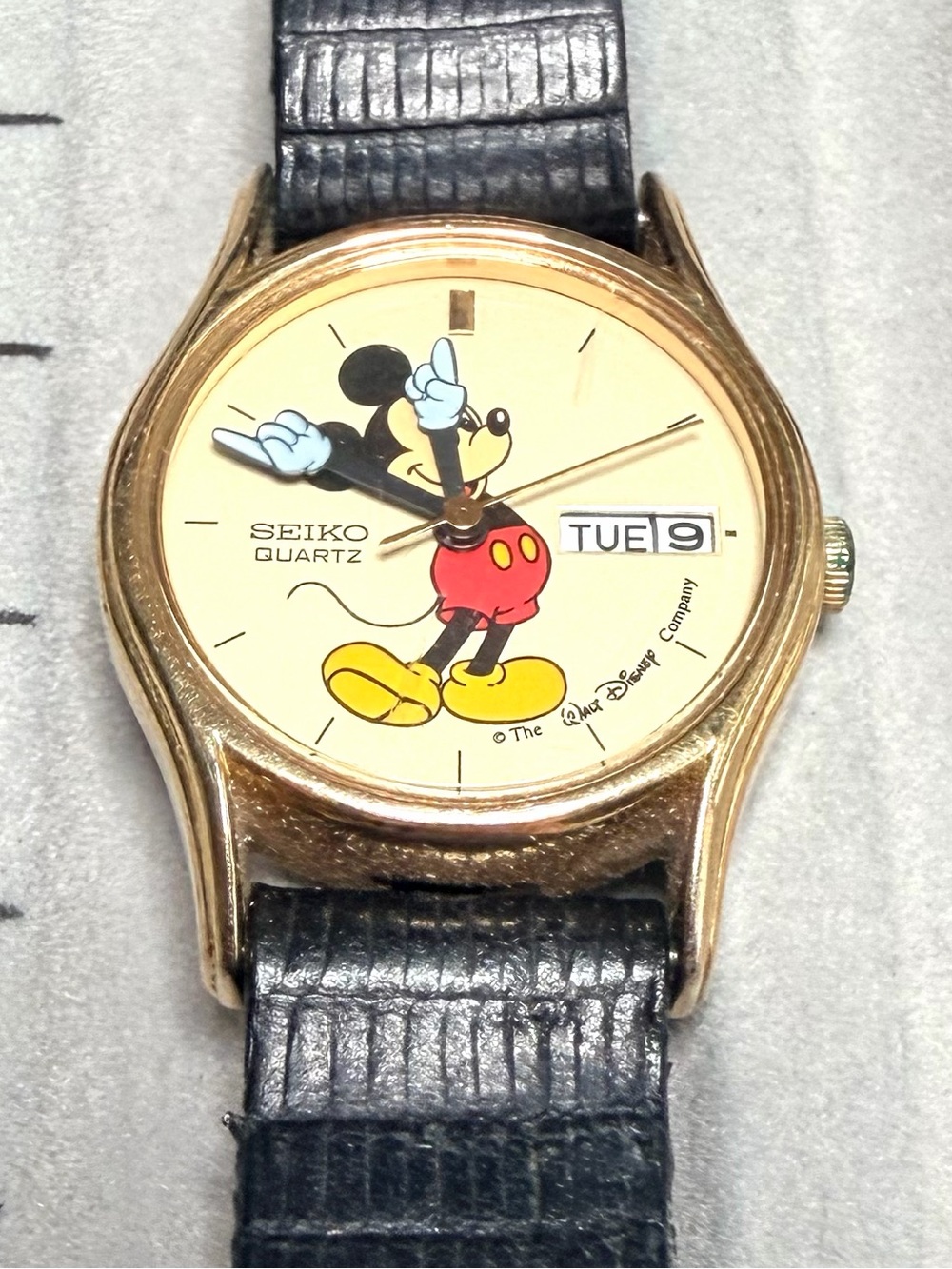 Seiko Quartz Mickey Mouse Gold-Tone Watch with Black Leather Strap